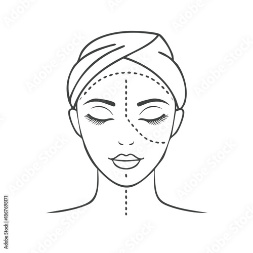 Woman face line art preparation for plastic surgery, aesthetic face surgery plan illustration