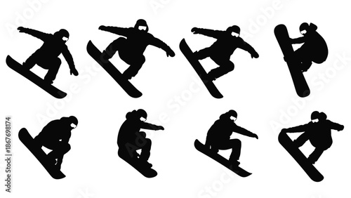 Dynamic silhouettes of a snowboarder performing various tricks and maneuvers