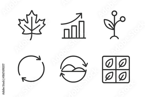 Nature Change Icons. Line style icons of natural change markers: seasonal leaf indicator, growth transition chart, ecological