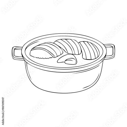 Outline Drawing of Hearty Soup in a Pot with Dumplings and Vegetables Ready to be Served