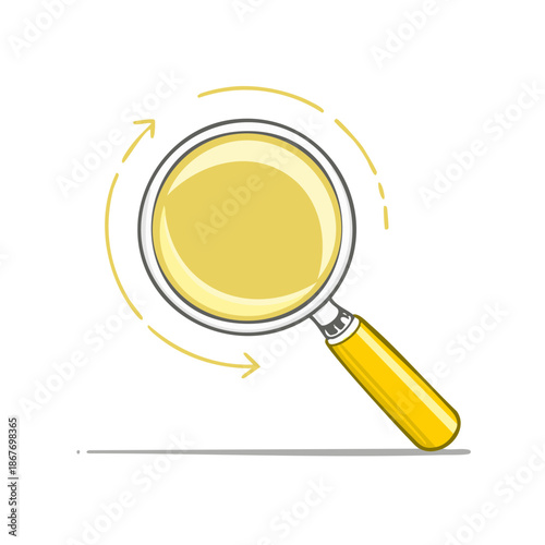 Magnifying glass with yellow lens and handle searching with arrows in a circular motion concept illustration