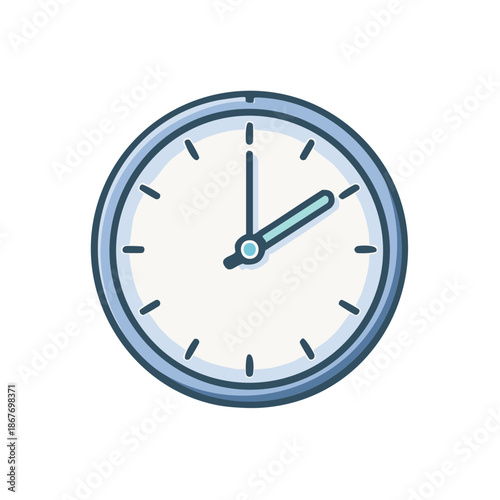 Cartoon-style round clock, time telling concept, classic design, simple blue border, analog time