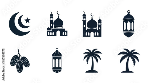 Islamic symbols and motifs crescent moon mosque lantern dates and palm trees
