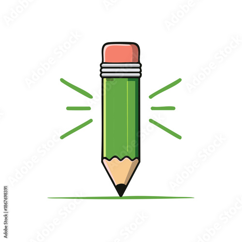 Green pencil with eraser stands upright with light radiating outward