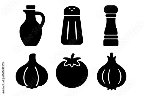 Cooking Ingredients Icons. Solid style icons of cooking ingredients: olive oil bottle, salt shaker, pepper grinder, garlic bulb,