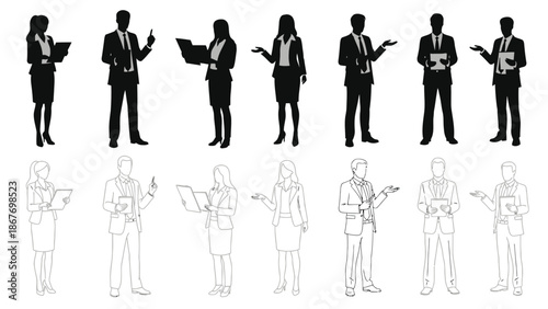 Silhouettes of business professionals in various poses presentation and discussion