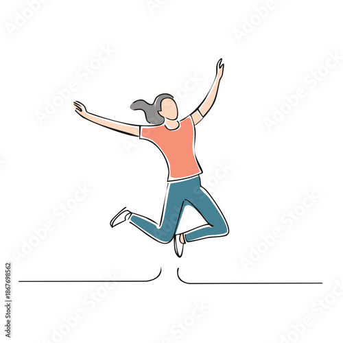 Woman jumping high with arms raised in celebration happy joyful moment sketch line art drawing outline minimalist vector illustration