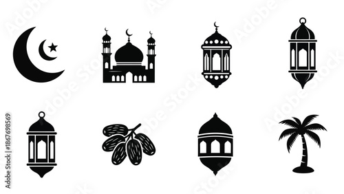 Islamic symbols and elements crescent moon mosque lanterns dates and palm tree