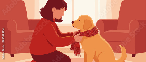 Caring young woman in a red sweater gently tying a warm patterned winter scarf on her adorable golden retriever dog in a cozy and comfortable living room