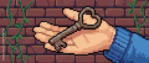 Old ornate key with a heart-shaped bow held in a person's open hand, depicted in a retro pixel art style for a fantasy video game quest or mystery