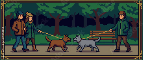 Pixel art illustration of people walking dogs in a city park at night, showing two pets on leashes meeting as their owners watch in a retro 8-bit video game style