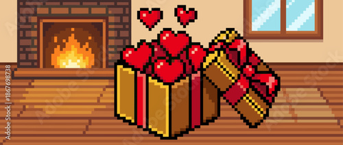 Pixelated gift box overflowing with red hearts sits on a wooden floor in a cozy room with a warm fireplace, representing love and affection in a retro video game style