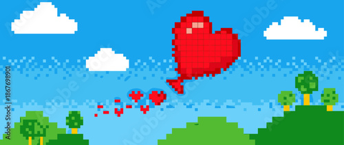 Large red pixel art heart balloon floats over a simple green landscape in a retro 8-bit video game style, leaving a trail of smaller hearts in the bright blue sky