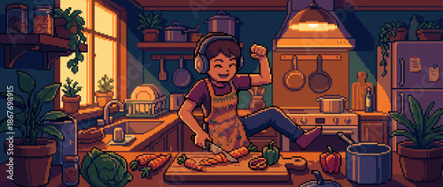 Happy pixel art person wearing headphones joyfully dances while chopping fresh vegetables for dinner in a cozy, warm kitchen illuminated by golden sunset light