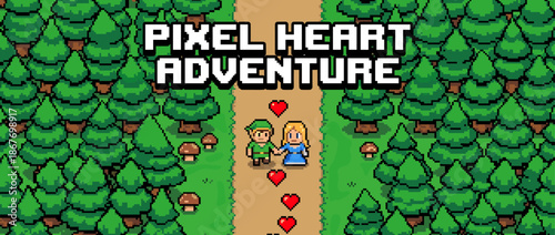Pixelated hero and princess couple hold hands on a romantic adventure through a lush green forest in a charming 8-bit retro video game scene