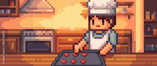 Pixel art baker character in a chef hat and apron arranges small red heart-shaped cookies on a baking tray in a warm, cozy kitchen with golden light