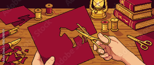 Hands with golden scissors carefully cutting a horse silhouette from red fabric on a wooden desk with sewing supplies in a cozy, warm pixel art illustration