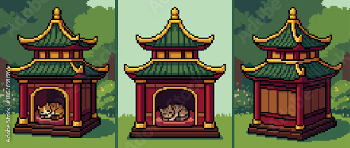 Set of three pixel art pagodas in a traditional Asian style, with two variations showing a cute cat sleeping inside the cozy red and green structure for a video game asset