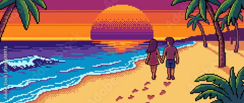 Pixel art of a romantic couple walking hand in hand on a tropical beach, leaving heart-shaped footprints in the sand as they watch a beautiful sunset over the calm sea
