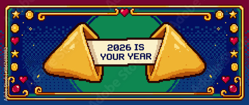 Pixel art fortune cookie with a motivational message for 2026 is displayed in a vibrant, retro 8-bit video game style with a decorative golden frame