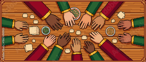 Diverse pixel art hands of many people gather around a wooden table to share a meal of dumplings and bread in a retro 8-bit video game style illustration from a top-down view