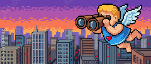 Pixel art cupid with wings and a heart on his chest looks through binoculars while flying over a city skyline at sunset in a retro video game style