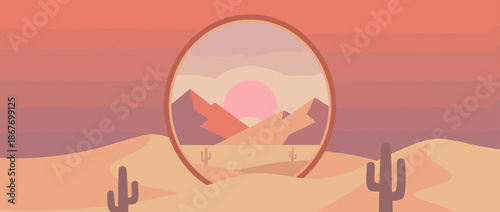 Flat vector illustration of a serene desert landscape with sand dunes and cacti, featuring a circular frame showing mountains during a beautiful warm sunset