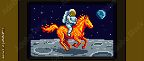Pixel art astronaut in a spacesuit riding a fiery orange horse across the cratered surface of the moon in a retro 8-bit video game style illustration