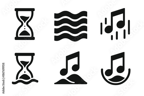 Time-Based Desert Rhythms. Solid style icons of time-based desert music: flowing hourglasses, sand waves, rhythmic markers, pulse