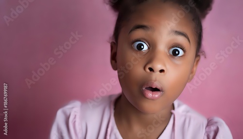 A random photo effect: a petite African American woman in pajamas expresses bewilderment against a pink background.