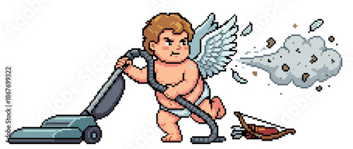 Pixel art illustration of an angry cupid cleaning with a vacuum cleaner, his bow and arrows discarded on the floor in a humorous retro video game style character design