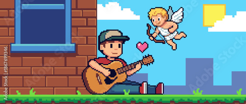 Pixel art illustration of a boy playing a romantic serenade on an acoustic guitar while a little cupid with a bow and arrow flies above him in a cute 8-bit video game scene