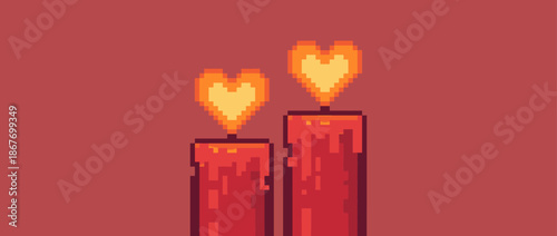 Two red pixel art candles with heart-shaped flames burn brightly, symbolizing love and romance in a retro 8-bit video game style illustration with a warm and glowing aesthetic