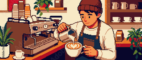 Male barista in a pixel art style pouring steamed milk from a pitcher to create heart-shaped latte art in a warm and cozy coffee shop environment