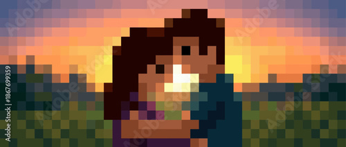 Pixel art illustration of a loving couple embracing romantically outdoors during a beautiful, warm sunset with a golden hour glow in a retro 8-bit video game style