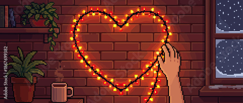 Pixelated hand carefully creates a glowing heart from a string of festive lights on a brick wall inside a warm, cozy room on a snowy winter night