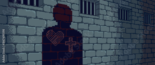 Dark pixel art human shadow with a heart and cross symbol is cast upon a gloomy stone brick wall with barred windows in a retro video game style illustration