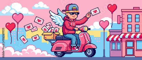 Pixel art Cupid delivery boy with angel wings rides a pink scooter through a city, delivering romantic love letters and spreading joy on Valentine's Day