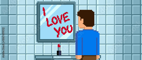 Pixel art person seen from behind looks at a romantic message "I love you" written in red lipstick on a bathroom mirror in a retro 8-bit video game style