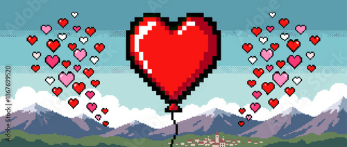 Large red pixel art heart balloon floats romantically in the sky, surrounded by smaller hearts above a charming mountain village landscape in a retro 8-bit video game style