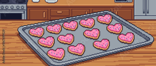 Dozen heart-shaped sugar cookies decorated with pink frosting and sprinkles on a metal baking sheet in a cozy kitchen, illustrated in a nostalgic 8-bit pixel art style
