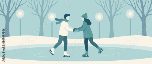 Romantic couple in warm winter clothes ice skates hand in hand on a frozen rink in a snowy park with glowing streetlights during a cold evening