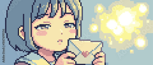 Pixel art anime girl with blue hair holds a love letter sealed with a heart, blowing a magical glowing kiss in a nostalgic retro video game aesthetic