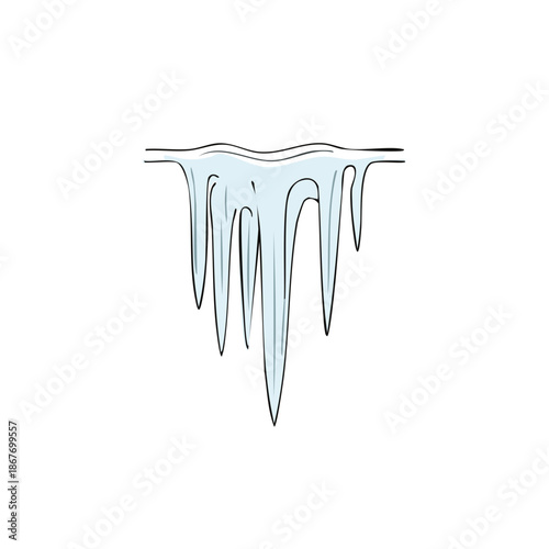 Hanging icicles melting in winter time ice crystal formations dripping off a horizontal surface