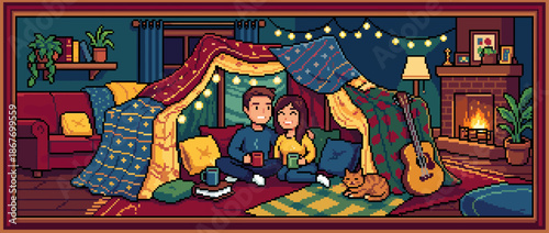 Pixel art couple sits inside a cozy blanket fort, enjoying warm drinks in a living room with a fireplace, guitar, and a sleeping cat, creating a romantic and nostalgic scene