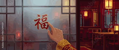 Hand in a decorative sleeve writing the red Chinese character for luck on a foggy window in a cozy, traditional interior, a warm pixel art scene with glowing lanterns