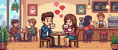 Pixel art illustration of a couple on a romantic date, drinking coffee together in a cozy cafe with floating hearts symbolizing their love and affection