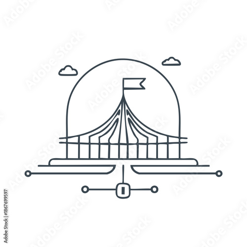 Circus tent icon with flag on top in a simple doodle style illustration for advertising and logo decoration