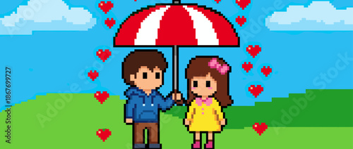 Pixel art illustration of a cute couple standing together under a red and white striped umbrella while romantic red hearts rain down in a retro video game style