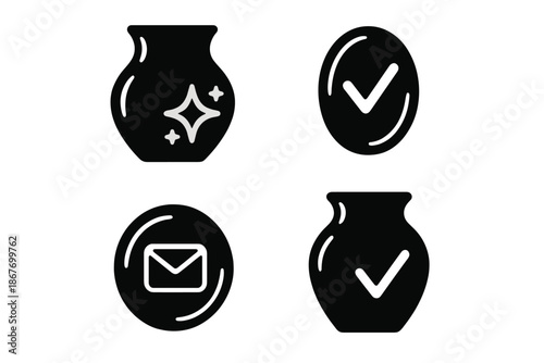 Glowing Pottery Icons. Solid style icons of finished pieces with glowing hallmarks: polished pottery, luminous stamps, reflective